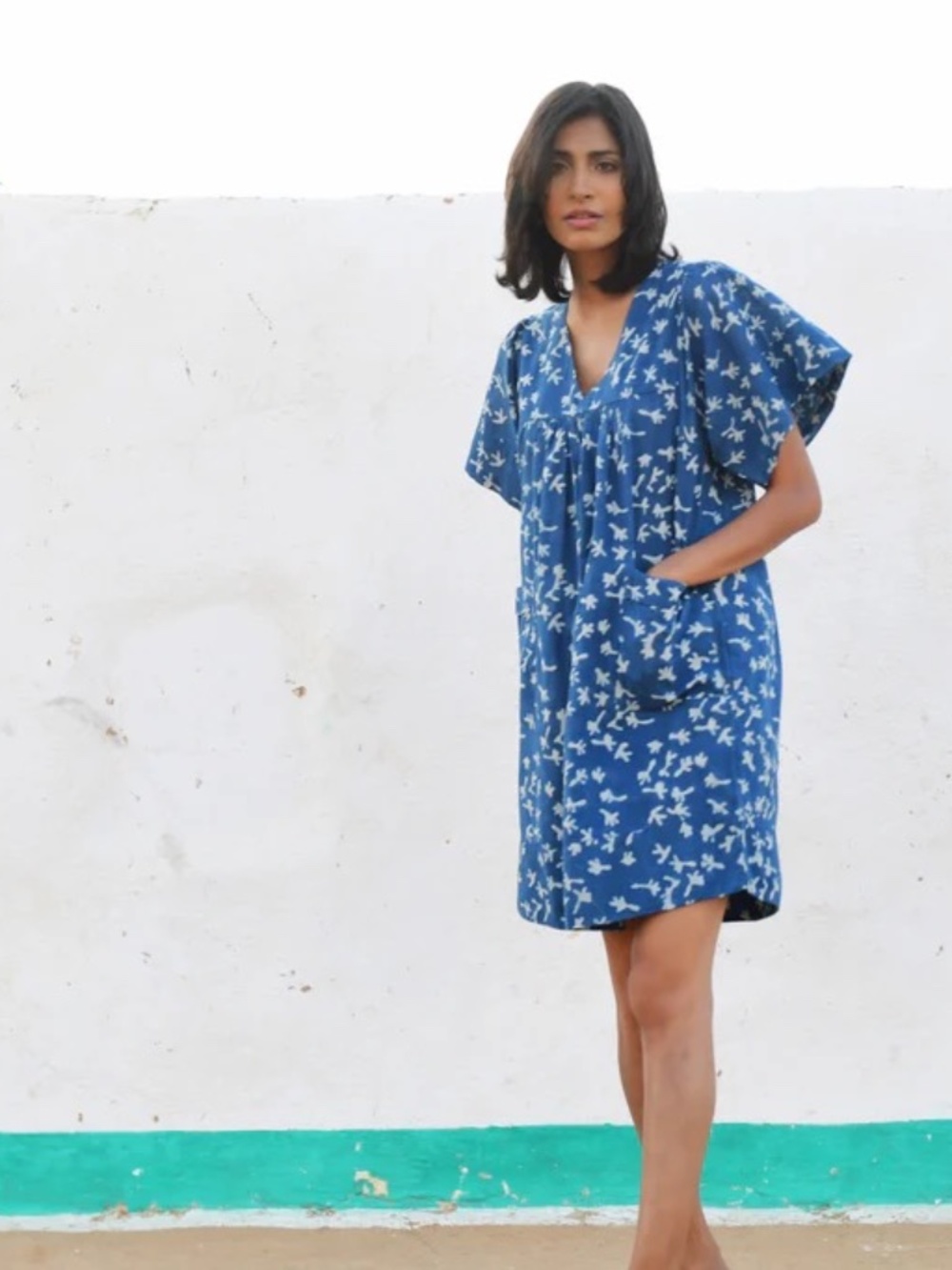 Mirth Indigo Block Print Short Cotton Mini Dress with Pockets | Size XS